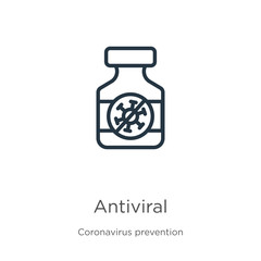 Antiviral icon. Thin linear antiviral outline icon isolated on white background from Coronavirus Prevention collection. Modern line vector sign, symbol, stroke for web and mobile