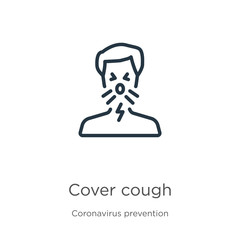 Cover cough icon. Thin linear cover cough outline icon isolated on white background from Coronavirus Prevention collection. Modern line vector sign, symbol, stroke for web and mobile