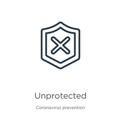 Unprotected icon. Thin linear unprotected outline icon isolated on white background from Coronavirus Prevention collection. Modern line vector sign, symbol, stroke for web and mobile