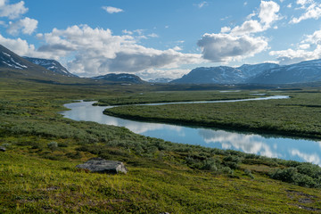 River delta in the northern Swedish Lapland. View from the hiking trail Kings Trail (Kungsleden)
