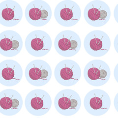 Pink grey balls of thread knitting needles in blue circle on white background seamless pattern. Knitting