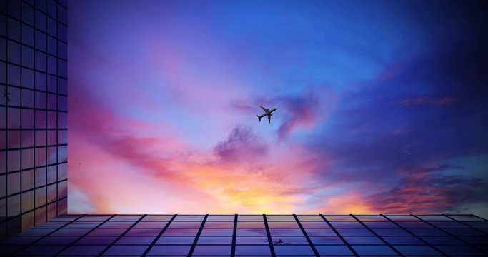 ant view, Airplane Fly Overbuilding Skyscrapers Against Sunset Clouds, Beautiful  Animation 4k