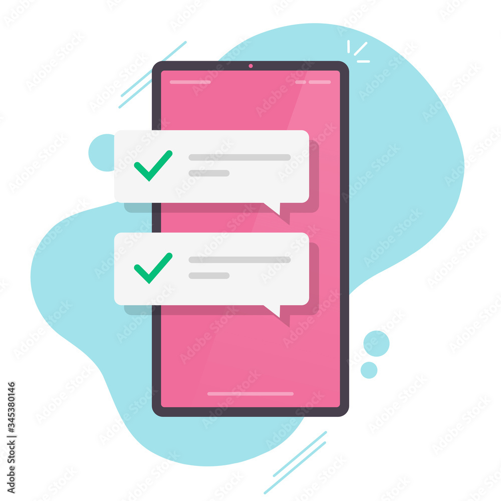 Poster mobile phone with push notifications or smartphone cellphone sms messages with updated checkmark tic