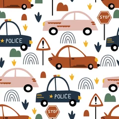 Wallpaper murals Cars seamless pattern with transport and road signs - vector illustration, eps