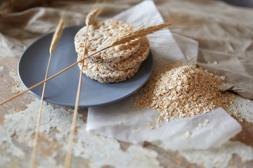 Cereal bread on vintage wooden table. Top side view with copy space. Selective focus