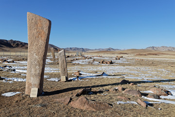 Deer stones are ancient megaliths  found in Siberia and Mongolia. The name comes from their carved depictions of flying deer.