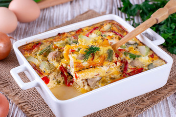 Vegetarian Vegetable casserole with zucchini, green beans, pepper, corn