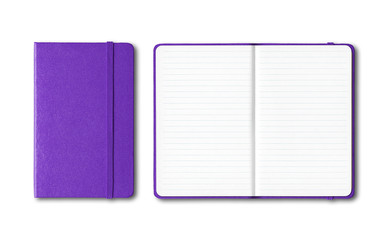 Purple closed and open lined notebooks isolated on white