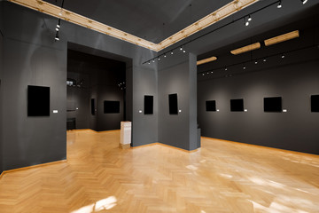 empty showroom or room in gallery with colorful painted walls and picture frames mock-up