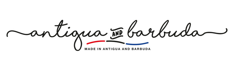 Made in Antigua and Barbuda handwritten calligraphic lettering logo sticker flag ribbon banner