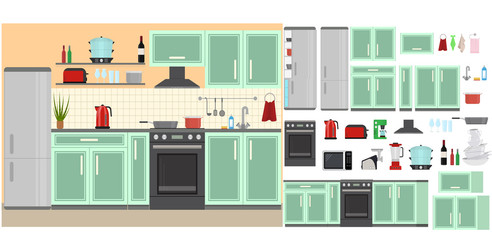 Cartoon Color Kitchen Room Interior Inside Concept. Vector