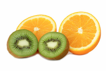 Kiwi fruit sliced segments with shadow on white background . 