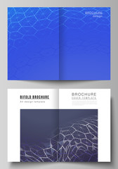 Vector layout of two A4 format modern cover mockups design templates for bifold brochure. Digital technology and big data concept with hexagons, connecting dots and lines, science medical background.
