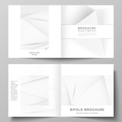 Fototapeta premium Vector layout of two covers templates for square design bifold brochure, flyer, cover design, book design, brochure cover. Halftone dotted background with gray dots, abstract gradient background.