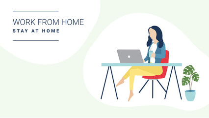 Working at home concept illustration. Young woman freelancers working on laptops and computers at home for quarantine. Vector Background Banner.