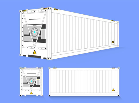 The beautiful clean vector of white color Reefer, Refrigerator or Cool container use for transport the perishable products in logistics business. front, side and perspective view on blue background.  