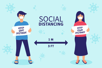 Social distancing, keeping the distance in public to prevent and stop spread corona virus (COVID-19). Keep distance to protect from COVID-19 coronavirus outbreak spreading concept. Vector illustration