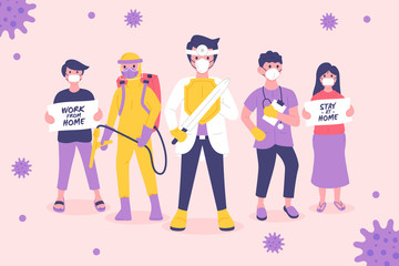 People, Doctor and Nurse wearing Face Mask Fight Against Covid-19, Coronavirus Disease, Health Care and Safety. Vector illustration fight against covid-19 virus or coronavirus. 