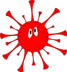 illustration of covid 19 virus, red smiley with eyes, evil character sun, paint blot