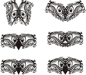 Ornate bird mask like owl. Decorative symbols of owl eyes for carnival masks, tattoo, embroidery, textiles, prints, etc. Black on White