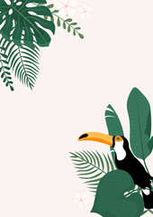 Modern vertical banner with tropical leaves and Toucan bird. Tropical poster template. Vector cover design.