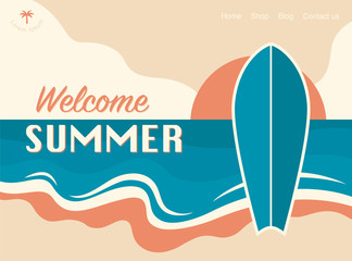 Welcome summer concept design banner. Surfing retro design. Ocean coast flat illustration. Vector background.