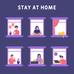 Stay home concept. People were seen from apartment window. Windows with people inside their houses. people do enjoy coffee, online study, self-isolation, watching tv or movies and working from home.