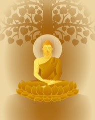 beautiful Vector of Lord of golden Buddha Enlightenment mediating sitting on lotus flower under the Bodhi three for Makha, Visakha, Asarnha Bucha, Visak and buddhist lent day, harmony tone color