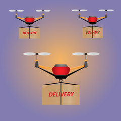 Concept for delivery service. Delivery drone with the package. Quadcopter transportation of goods.