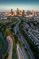 Houston city, aerial shot at sunset