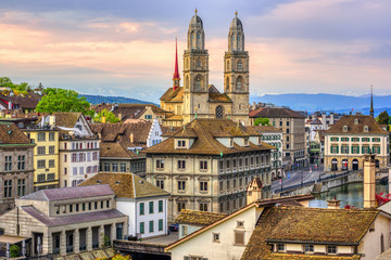 Zurich cathedral and Old town, Switzerland - obrazy, fototapety, plakaty
