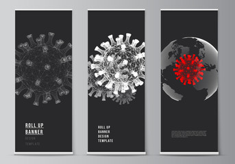 Vector layout of roll up mockup design templates for vertical flyers, flags design templates, banner stands. 3d medical background of corona virus. Covid 19, coronavirus infection. Virus concept.