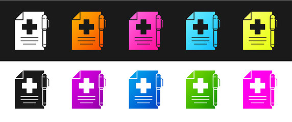 Set Medical prescription and pen icon isolated on black and white background. Rx form. Recipe medical. Pharmacy or medicine symbol.  Vector Illustration