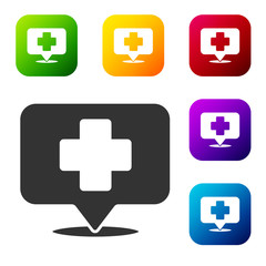 Black Medical map pointer with cross hospital icon isolated on white background. Set icons in color square buttons. Vector Illustration