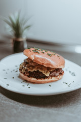 Fototapeta na wymiar saftiger selbstgemachter cheeseburger aus reinem rinderhackfleisch