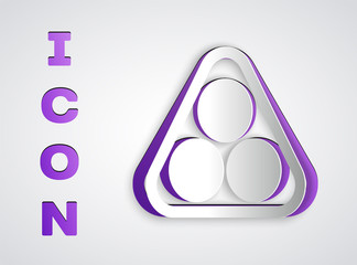 Paper cut Billiard balls in a rack triangle icon isolated on grey background. Paper art style. Vector Illustration