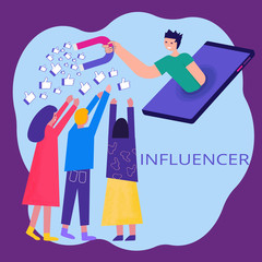 Influencer and digital marketing advertisement concept. Blogger promotion services and goods for his followers online. Vector illustration in flat simple style with characters.