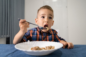 Portrait of small caucasian boy little child kid sitting by the table eating having lunch or dinner holding fork making faces gesture front view at home