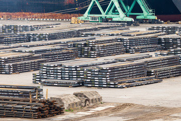 The steel bars in packs at the warehouse