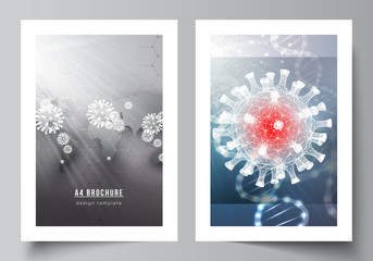 Vector layout of A4 cover mockups templates for brochure, flyer layout, booklet, cover design, book design. 3d medical background of corona virus. Covid 19, coronavirus infection. Virus concept.