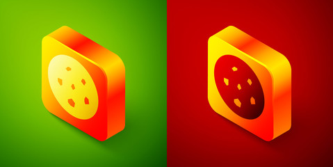 Isometric Cookie or biscuit with chocolate icon isolated on green and red background. Square button. Vector Illustration