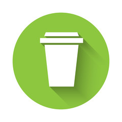 White Coffee cup to go icon isolated with long shadow. Green circle button. Vector Illustration