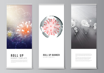 Vector layout of roll up mockup design templates for vertical flyers, flags design templates, banner stands. 3d medical background of corona virus. Covid 19, coronavirus infection. Virus concept.