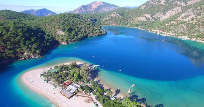 aerial drone footage of famous tourism place blue lagoon oludeniz fethiye turkey