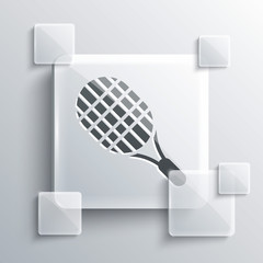 Grey Tennis racket icon isolated on grey background. Sport equipment. Square glass panels. Vector Illustration