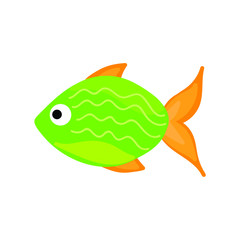 
Cartoon cute little green sea fish with orange tail and fins. Simple vector illustration isolated on white background.