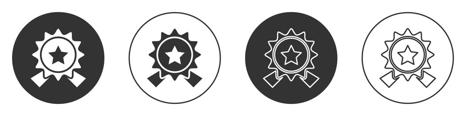Black Medal with star icon isolated on white background. Winner achievement sign. Award medal. Circle button. Vector Illustration