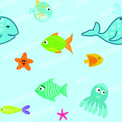 Fototapeta na wymiar Cartoon cute marine inhabitants in the sea or ocean. Fish, whale, starfish, octopus in blue water water. Vector pattern
