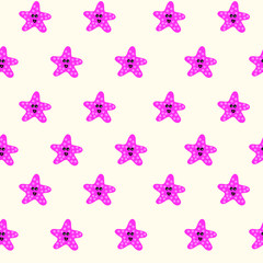 Fototapeta na wymiar Pattern with cute pink starfish with eyes and mouth on a beige background.