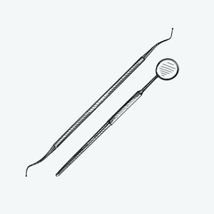 Hand-drawn sketch of Dental scaler and Dental Mirror on a white background. Dental instruments. Dentistry tools and equipment. Stomatology attributes
